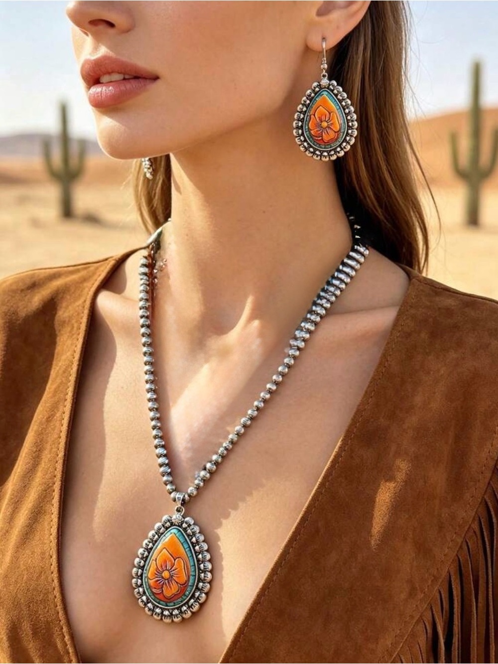Western Boho Teardrop Orange Floral Pendant Necklace and Earrings Set